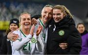 5 December 2023; Republic of Ireland players, from left, Lily Agg, Louise Quinn and Saoirse Noonan celebrate after the UEFA Women's Nations League B match between Northern Ireland and Republic of Ireland at the National Football Stadium at Windsor Park in Belfast. Photo by Ramsey Cardy/Sportsfile