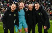 5 December 2023; Republic of Ireland goalkeepers, from left, Sophie Whitehouse, Courtney Brosnan and Grace Moloney with Republic of Ireland interim goalkeeping coach Richie Fitzgibbon after the UEFA Women's Nations League B match between Northern Ireland and Republic of Ireland at the National Football Stadium at Windsor Park in Belfast. Photo by Stephen McCarthy/Sportsfile