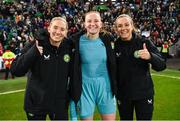 5 December 2023; Republic of Ireland goalkeepers, from left, Sophie Whitehouse, Courtney Brosnan and Grace Moloney after the UEFA Women's Nations League B match between Northern Ireland and Republic of Ireland at the National Football Stadium at Windsor Park in Belfast. Photo by Stephen McCarthy/Sportsfile
