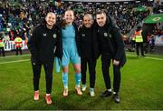 5 December 2023; Republic of Ireland goalkeepers, from left, Sophie Whitehouse, Courtney Brosnan and Grace Moloney with Republic of Ireland interim goalkeeping coach Richie Fitzgibbon after the UEFA Women's Nations League B match between Northern Ireland and Republic of Ireland at the National Football Stadium at Windsor Park in Belfast. Photo by Stephen McCarthy/Sportsfile