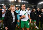 5 December 2023; Katie McCabe of Republic of Ireland, right, and Republic of Ireland interim head coach Eileen Gleeson after the UEFA Women's Nations League B match between Northern Ireland and Republic of Ireland at the National Football Stadium at Windsor Park in Belfast. Photo by Stephen McCarthy/Sportsfile