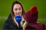 5 December 2023; RTE analyst Megan Campbell during the UEFA Women's Nations League B match between Northern Ireland and Republic of Ireland at the National Football Stadium at Windsor Park in Belfast. Photo by Ramsey Cardy/Sportsfile