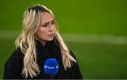 5 December 2023; RTE analyst Stephanie Zambra during the UEFA Women's Nations League B match between Northern Ireland and Republic of Ireland at the National Football Stadium at Windsor Park in Belfast. Photo by Ramsey Cardy/Sportsfile