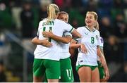 5 December 2023; Louise Quinn of Republic of Ireland celebrates with Katie McCabe, right, after scoring their side's fifth goal during the UEFA Women's Nations League B match between Northern Ireland and Republic of Ireland at the National Football Stadium at Windsor Park in Belfast. Photo by Ramsey Cardy/Sportsfile