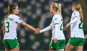 5 December 2023; Chloe Mustaki, left, and Lily Agg of Republic of Ireland after the UEFA Women's Nations League B match between Northern Ireland and Republic of Ireland at the National Football Stadium at Windsor Park in Belfast. Photo by Ramsey Cardy/Sportsfile