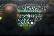 5 December 2023; Republic of Ireland players stand for the playing of the National Anthem before the UEFA Women's Nations League B match between Northern Ireland and Republic of Ireland at the National Football Stadium at Windsor Park in Belfast. Photo by Stephen McCarthy/Sportsfile