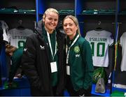 5 December 2023; Denise O'Sullivan, right, and Erin McLaughlin of Republic of Ireland before the UEFA Women's Nations League B match between Northern Ireland and Republic of Ireland at the National Football Stadium at Windsor Park in Belfast. Photo by Stephen McCarthy/Sportsfile