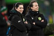 5 December 2023; Republic of Ireland physiotherapists Susie Coffey, left, and Angela Kenneally before the UEFA Women's Nations League B match between Northern Ireland and Republic of Ireland at the National Football Stadium at Windsor Park in Belfast. Photo by Stephen McCarthy/Sportsfile