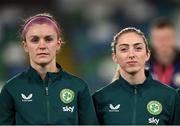 5 December 2023; Caitlin Hayes, left, and Megan Connolly of Republic of Ireland before the UEFA Women's Nations League B match between Northern Ireland and Republic of Ireland at the National Football Stadium at Windsor Park in Belfast. Photo by Stephen McCarthy/Sportsfile