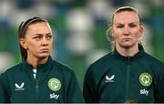 5 December 2023; Katie McCabe, left, and Courtney Brosnan of Republic of Ireland before the UEFA Women's Nations League B match between Northern Ireland and Republic of Ireland at the National Football Stadium at Windsor Park in Belfast. Photo by Stephen McCarthy/Sportsfile