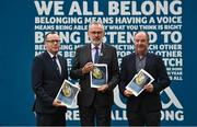 6 December 2023; Uachtarán Chumann Lúthchleas Gael Larry McCarthy, centre, Chairman of the Central Competitions Control committee Derek Kent, right, and GAA Games Administration Manager Bernard Smith in attendance for the GAA 2024 Master Fixture Plan launch at Croke Park in Dublin. Photo by David Fitzgerald/Sportsfile