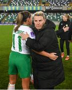 5 December 2023; Northern Ireland manager Tanya Oxtoby with Katie McCabe of Republic of Ireland after the UEFA Women's Nations League B match between Northern Ireland and Republic of Ireland at the National Football Stadium at Windsor Park in Belfast. Photo by Stephen McCarthy/Sportsfile