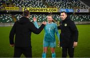 5 December 2023; Republic of Ireland goalkeeper Courtney Brosnan with goalkeeping coach Richie Fitzgibbon, right, and performance analyst Andy Holt during the UEFA Women's Nations League B match between Northern Ireland and Republic of Ireland at the National Football Stadium at Windsor Park in Belfast. Photo by Stephen McCarthy/Sportsfile