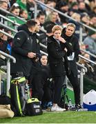 5 December 2023; Republic of Ireland interim head coach Eileen Gleeson with coaches, from left, Richie Fitzgibbon, Colin Healy and Emma Byrne, right, during the UEFA Women's Nations League B match between Northern Ireland and Republic of Ireland at the National Football Stadium at Windsor Park in Belfast. Photo by Stephen McCarthy/Sportsfile