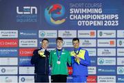 7 December 2023; Daniel Wiffen of Ireland, centre, with his gold medal after winning the men's 1500m freestyle, alongside silver medallist David Aubry of France, left, and bronze medallist Mykhailo Romanchuk of Ukraine, right, during day three of the European Short Course Swimming Championships 2023 at the Aquatics Complex in Otopeni, Romania. Photo by Nikola Krstic/Sportsfile