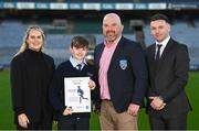 9 December 2023; Pictured is Allianz sponsorship executive Katie Bradley, James Hayden of Cumann na mBunscol, Religious and Education CRE Sean Doolin with Eoin O'Boyle of St Attracta's, Meadowbrook at the 2023 Allianz Cumann Na mBunscol Annual Football Awards at Croke Park in Dublin. Photo by Eóin Noonan/Sportsfile