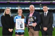 9 December 2023; Pictured is Allianz sponsorship executive Katie Bradley, James Hayden of Cumann na mBunscol, Religious and Education CRE Sean Doolin with Caoimhe Cullen Murphy from St Laurence's National School and her father Vinny at the 2023 Allianz Cumann Na mBunscol Annual Football Awards at Croke Park in Dublin. Photo by Eóin Noonan/Sportsfile