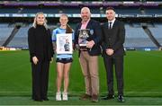 9 December 2023; Pictured is Allianz sponsorship executive Katie Bradley, James Hayden of Cumann na mBunscol, Religious and Education CRE Sean Doolin with Caoimhe Cullen Murphy from St Laurence's National School and her father Vinny at the 2023 Allianz Cumann Na mBunscol Annual Football Awards at Croke Park in Dublin. Photo by Eóin Noonan/Sportsfile