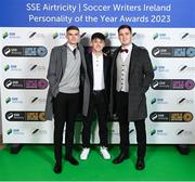 8 December 2023; Guests, from left, Sean Gannon of Shelbourne, Ryan O'Kane of Dundalk and Derry City goalkeeper Brian Maher on arrival for the SSE Airtricity / Soccer Writers Ireland Awards 2023 at the Dublin Royal Convention Centre in Dublin. Photo by Stephen McCarthy/Sportsfile