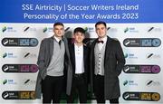 8 December 2023; Guests, from left, Sean Gannon of Shelbourne, Ryan O'Kane of Dundalk and Derry City goalkeeper Brian Maher on arrival for the SSE Airtricity / Soccer Writers Ireland Awards 2023 at the Dublin Royal Convention Centre in Dublin. Photo by Stephen McCarthy/Sportsfile