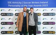 8 December 2023; Shelbourne team-mates Conor Kearns, left, and Sean Gannon on arrival for the SSE Airtricity / Soccer Writers Ireland Awards 2023 at the Dublin Royal Convention Centre in Dublin. Photo by Stephen McCarthy/Sportsfile