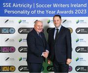 8 December 2023; FAI President Gerry McAnaney, left, and Minister of State for Sport Thomas Byrne TD on arrival for the SSE Airtricity / Soccer Writers Ireland Awards 2023 at the Dublin Royal Convention Centre in Dublin. Photo by Stephen McCarthy/Sportsfile