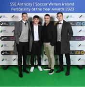 8 December 2023; Guests, from left, Sean Gannon of Shelbourne, Ryan O'Kane of Dundalk, Liam Carroll and Derry City goalkeeper Brian Maher on arrival for the SSE Airtricity / Soccer Writers Ireland Awards 2023 at the Dublin Royal Convention Centre in Dublin. Photo by Stephen McCarthy/Sportsfile