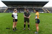 3 December 2023; Referee Seamus Mulvihill with Aedin Slattery of Na Fianna and Ellen Twomey of Glanmire during the Currentaccount.ie LGFA All-Ireland Intermediate Club Championship semi-final match between Glanmire, Cork, and Na Fianna, Meath, at Mallow GAA Grounds in Mallow, Cork. Photo by Eóin Noonan/Sportsfile