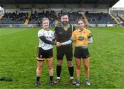 3 December 2023; Referee Seamus Mulvihill with Aedin Slattery of Na Fianna and Ellen Twomey of Glanmire during the Currentaccount.ie LGFA All-Ireland Intermediate Club Championship semi-final match between Glanmire, Cork, and Na Fianna, Meath, at Mallow GAA Grounds in Mallow, Cork. Photo by Eóin Noonan/Sportsfile