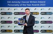 8 December 2023; Jamie Moore, head of media and online content at St Patrick's Athletic, with the Club Media Award during the SSE Airtricity / Soccer Writers Ireland Awards 2023 at the Dublin Royal Convention Centre in Dublin. Photo by Stephen McCarthy/Sportsfile