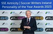 8 December 2023; Phil Mooney with the Liam Tuohy Special Merit award during the SSE Airtricity / Soccer Writers Ireland Awards 2023 at the Dublin Royal Convention Centre in Dublin. Photo by Stephen McCarthy/Sportsfile