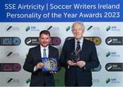 8 December 2023; Jamie Moore, head of media and online content at St Patrick's Athletic, left, with the Club Media Award and Phil Mooney with the Liam Tuohy Special Merit award during the SSE Airtricity / Soccer Writers Ireland Awards 2023 at the Dublin Royal Convention Centre in Dublin. Photo by Stephen McCarthy/Sportsfile