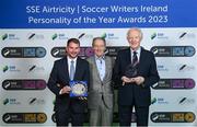 8 December 2023; Jamie Moore, head of media and online content at St Patrick's Athletic, left, with the Club Media award and Phil Mooney with the Liam Tuohy Special Merit award, right, and Brian Kerr, centre, during the SSE Airtricity / Soccer Writers Ireland Awards 2023 at the Dublin Royal Convention Centre in Dublin. Photo by Stephen McCarthy/Sportsfile