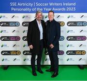 8 December 2023; PFA Ireland solicitor Stuart Gilhooly and  general secretary Stephen McGuinness, right, on arrival for the SSE Airtricity / Soccer Writers Ireland Awards 2023 at the Dublin Royal Convention Centre in Dublin. Photo by Stephen McCarthy/Sportsfile