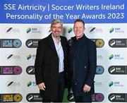 8 December 2023; PFA Ireland solicitor Stuart Gilhooly and  general secretary Stephen McGuinness, right, on arrival for the SSE Airtricity / Soccer Writers Ireland Awards 2023 at the Dublin Royal Convention Centre in Dublin. Photo by Stephen McCarthy/Sportsfile