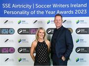 8 December 2023; PFA Ireland's Simone Flannery and general secretary Stephen McGuinness on arrival for the SSE Airtricity / Soccer Writers Ireland Awards 2023 at the Dublin Royal Convention Centre in Dublin. Photo by Stephen McCarthy/Sportsfile