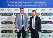 8 December 2023; Keith Treacy and Jamie Moore during the SSE Airtricity / Soccer Writers Ireland Awards 2023 at the Dublin Royal Convention Centre in Dublin. Photo by Stephen McCarthy/Sportsfile
