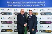 8 December 2023; FAI President Gerry McAnaney and FAI director of media and football relations Cathal Dervan, right, on arrival for the SSE Airtricity / Soccer Writers Ireland Awards 2023 at the Dublin Royal Convention Centre in Dublin. Photo by Stephen McCarthy/Sportsfile