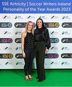 8 December 2023; PFA Ireland's Simone Flannery and Shamrock Rovers' Aine O'Gorman on arrival for the SSE Airtricity / Soccer Writers Ireland Awards 2023 at the Dublin Royal Convention Centre in Dublin. Photo by Stephen McCarthy/Sportsfile