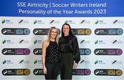 8 December 2023; PFA Ireland's Simone Flannery and Shamrock Rovers' Aine O'Gorman on arrival for the SSE Airtricity / Soccer Writers Ireland Awards 2023 at the Dublin Royal Convention Centre in Dublin. Photo by Stephen McCarthy/Sportsfile