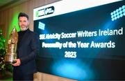 8 December 2023; Shamrock Rovers manager Stephen Bradley with the Men’s Personality of the Year award during the SSE Airtricity / Soccer Writers Ireland Awards 2023 at the Dublin Royal Convention Centre in Dublin. Photo by Stephen McCarthy/Sportsfile