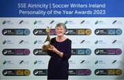 8 December 2023; Bernie Duggan with the Women’s Personality of the Year award, accepting on behalf of her daughter Karen Duggan of Peamount United, during the SSE Airtricity / Soccer Writers Ireland Awards 2023 at the Dublin Royal Convention Centre in Dublin. Photo by Stephen McCarthy/Sportsfile