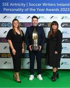 8 December 2023; Shamrock Rovers manager Stephen Bradley is presented with the Men’s Personality of the Year award by Ashley Morrow, head of brand, advertising and sponsorship at SSE Airtricity; and Ursula McCaffrey, daughter of the first winner Dan McCaffrey, right, during the SSE Airtricity / Soccer Writers Ireland Awards 2023 at the Dublin Royal Convention Centre in Dublin. Photo by Stephen McCarthy/Sportsfile
