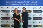 8 December 2023; Shamrock Rovers manager Stephen Bradley is presented with the Men’s Personality of the Year award by Ashley Morrow, head of brand, advertising and sponsorship at SSE Airtricity; during the SSE Airtricity / Soccer Writers Ireland Awards 2023 at the Dublin Royal Convention Centre in Dublin. Photo by Stephen McCarthy/Sportsfile