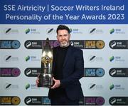 8 December 2023; Shamrock Rovers manager Stephen Bradley with the Men’s Personality of the Year award during the SSE Airtricity / Soccer Writers Ireland Awards 2023 at the Dublin Royal Convention Centre in Dublin. Photo by Stephen McCarthy/Sportsfile
