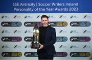 8 December 2023; Shamrock Rovers manager Stephen Bradley with the Men’s Personality of the Year award during the SSE Airtricity / Soccer Writers Ireland Awards 2023 at the Dublin Royal Convention Centre in Dublin. Photo by Stephen McCarthy/Sportsfile