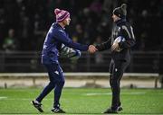 8 December 2023; Bordeaux Begles attack coach Noel McNamara, left, and Jack Carty of Connacht shake hands before the Investec Champions Cup Pool 1 Round 1 match between Connacht and Bordeaux-Begles at The Sportsground in Galway. Photo by Seb Daly/Sportsfile
