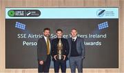 8 December 2023; Shamrock Rovers manager Stephen Bradley holding the Men’s Personality of the Year award with Shamrock Rovers colleagues sporting director Stephen McPhail, left, and assistant coach Glenn Cronin during the SSE Airtricity / Soccer Writers Ireland Awards 2023 at the Dublin Royal Convention Centre in Dublin. Photo by Stephen McCarthy/Sportsfile