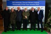 8 December 2023; Guests, from left, Kevin Fahey, Brendan Menton, Eddie Cox, Donagh Morgan, John Byrne and Tony O'Donoghue during the SSE Airtricity / Soccer Writers Ireland Awards 2023 at the Dublin Royal Convention Centre in Dublin. Photo by Stephen McCarthy/Sportsfile