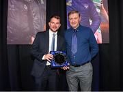 8 December 2023; Jamie Moore, head of media and online content at St Patrick's Athletic, is presented with the Club Media Award by Soccer Writers Ireland domestic officer Noel Spillane, right, during the SSE Airtricity / Soccer Writers Ireland Awards 2023 at the Dublin Royal Convention Centre in Dublin. Photo by Stephen McCarthy/Sportsfile